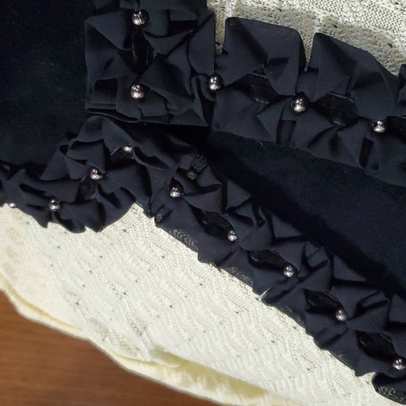 Ming Wang pale yellow black bow trimmed classic cardigan - Picture 3 of 8